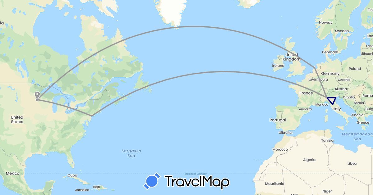 TravelMap itinerary: driving, plane in Italy, Netherlands, United States (Europe, North America)