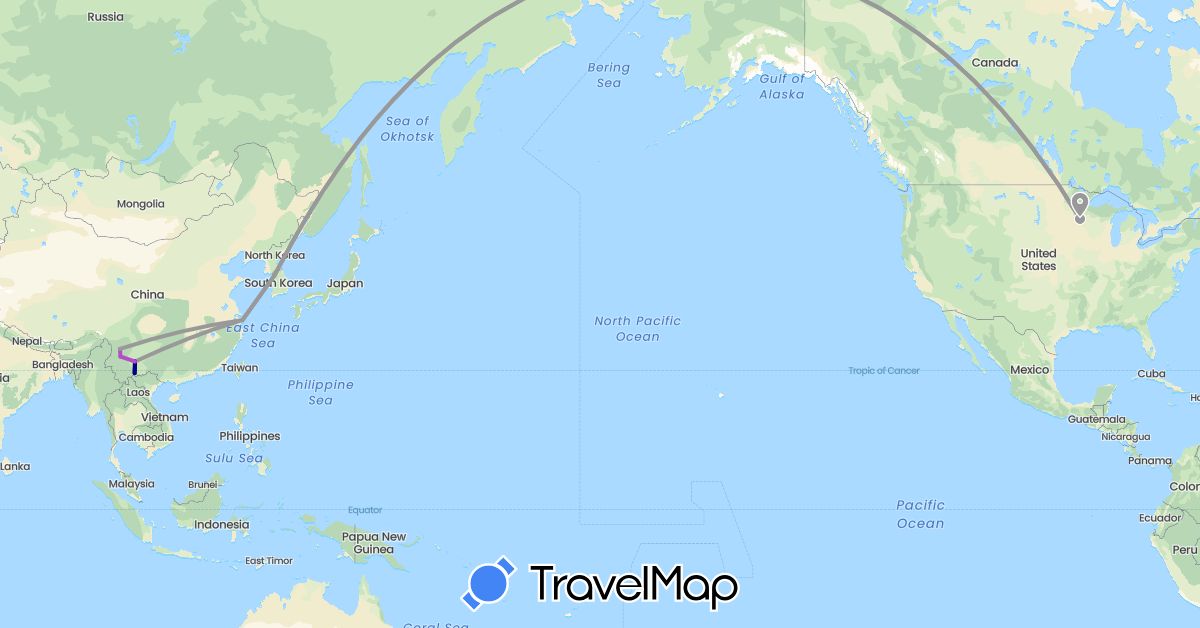 TravelMap itinerary: driving, plane, train in China, South Korea, United States (Asia, North America)
